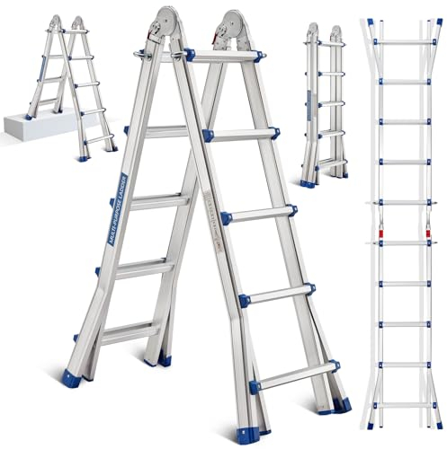 STANEW Escalera Telescópica Articulada de Aluminio, 5.1M Escalera Plegable Telescópica Articulada 5x5 Peldaños, Escalera Articulada Plegable Telescópica Multifunción Aluminio Carga máxima 150 kg