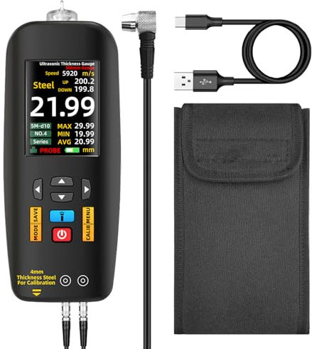 BSIDE Ultrasonic Thickness Gauge 1-300mm Range Rechargeable Ultrasonic Thickness Tester 2.8'' Color LCD Metals Thickness with Probe for Metal Materials Steel Silver Plastic Glass PVC Pipes Ceramics