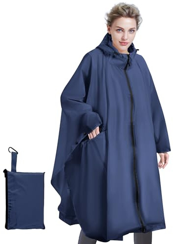 Sensong Regenponcho für Damen, Unisex Regenjacken Regencape, Wasserdicht mit Kapuze und Reißverschluss Wiederverwendbar Regenmantel für Wandern Camping Radfahren Reisen Dunkelblau