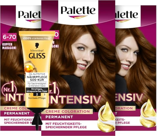 Palette Intensiv Creme Coloration 6-70 Copper Mahogany (3x 115 ml), permanente Haarfarbe für leuchtende, langanhaltende Farbbrillanz & SOS-Intensiv-Kur Oil Nutritive (15 ml) Haarkur