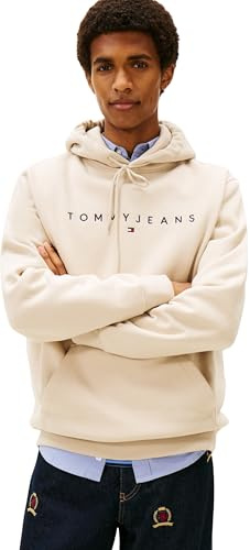 Tommy Jeans TJM REG Linear Logo Hoodie EXT DM0DM20746 - Sudadera con Capucha para Hombre, Color Beige (Arena del golfo), Talla M, Beige (Arena del Golfo), M