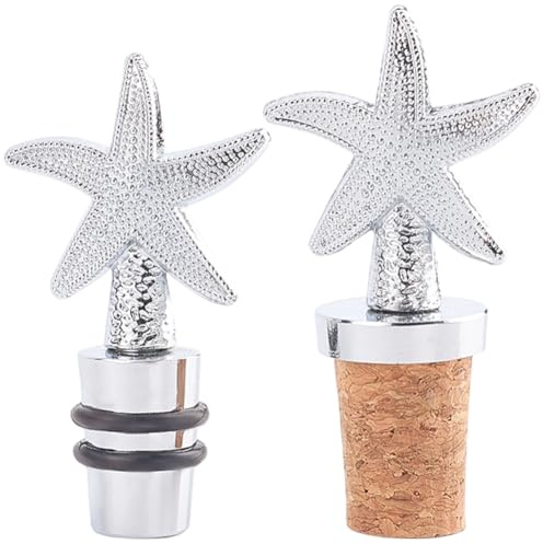 GORGECRAFT 2 Style Starfish Wine Corks Silver Champagne Bottle Stopper Reusable Metal Zinc Alloy Glass Toppers Wine Outlet Cap Pump Decor for Men Women Holiday Housewarming Christmas Wedding Party