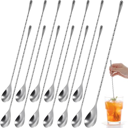 Afcabakila 12 PCS Bar Spoon Cocktail Mixing Spoon, 12 Inch Stainless Steel Mixing Spoons with Spiral Handle for Bartenders, Coffee & Ice Cream, Easy to Clean & Great for Professional and Home Use