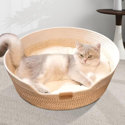 KBIBCK Cotton Woven Cat Bed,47 cm Cotton Rope CatBed with Cushion, Sleeping Nest ScratcherBed, Woven Pet Bed for Indoor Cats Couch,Kitten Bed for Medium and Large Cat, All Season Universal