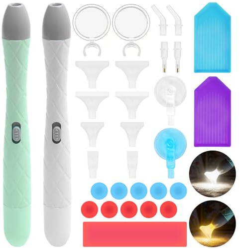 HavaCue 2 Piezas Bolígrafo de Pintura de Diamante LED con Luz, Accesorios Diamond Painting Set con Modos de Luz Blanca Cálida, Accesorios Pintura Diamante con 14 Puntas de Bolígrafo, 2 Lupas