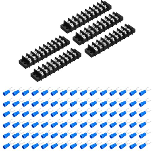 QUARKZMAN 5Pcs Terminal Block 300V 20A Doppia riga 9P Circuito Morsetti A Barriera PA66 Con 90Pcs Connettori A Forchetta Filo Termorestringenti 16A Per Connessione Fili
