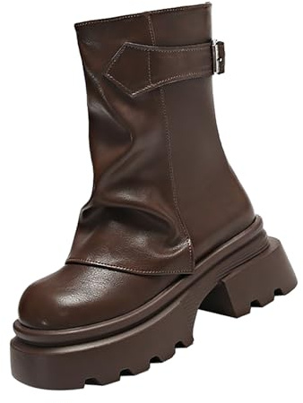 Générique Bottes Plateforme Mi-Mollet pour Femme Bout Rond Bottine avec Sangle De Boucle Botte Antidérapante Boot Slouchy Chaussure Couleur Unie Bottine Hiver Bottines Bottes Femme Talon Mollet Large