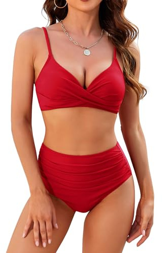 ZAFUL Women High Waisted Bikini Sets Two Piece Swimsuit Push Up Twist Front Ruched Bathing Suit Red XS