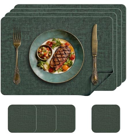 KitchenBoss Manteles Individuales Lavables y Posavasos de Imitación Piel, Juego de 4 Salvamanteles Individuales Mantel Individual para Uso en la Cocina, el Comedor y la Oficina, Verde, 43 x 30 cm