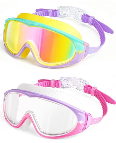 ITOWE 2 Pack Wide View Swimming Goggles, No Leaking Kids Swim Goggles with Anti-Fog/UV HD View Kids Goggles Boys Girls 3-15