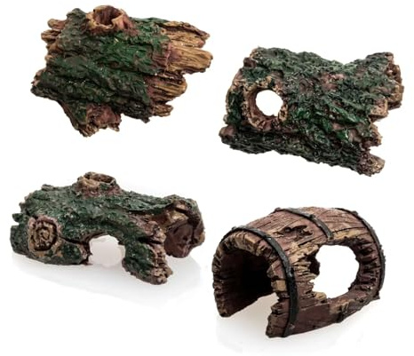 RARITYLL 4 Pcs Mini Aquarium Decorations Set - Resin Fish Tank Ornaments with Barrel, Broken Bridge, Log & Wood Slice, Natural Underwater Landscape for Small Tanks, Shrimp Hide, Betta Tank Accessories