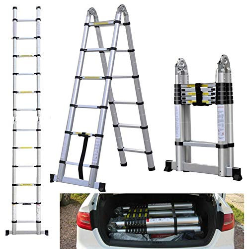 Escabeau pliable avec cadre en A et échelles droites télescopiques multi-usages avec barre stabilisatrice pieds antidérapants extensibles loft grenier portable facile à transporter