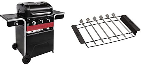 Char-Broil Gas2Coal Hybrid Grill - 3 Burner Gas & Coal Barbecue Grill, Black Finish & 140 587 - Premium Skewer Set and Rack, Stainless Steel.