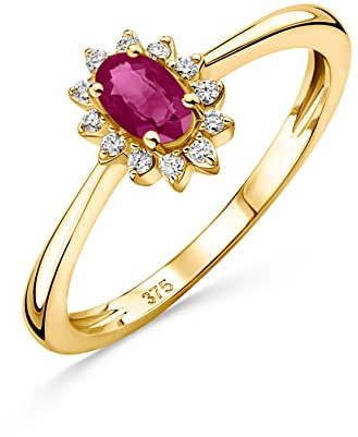 OROVI anello donna Oro 9Kt vero, con Diamanti e un Rubino - Oro Giallo - Gioielli donna - Gioiello Ipoallergenico - fede fatta a mano con elegante scatola portagioie