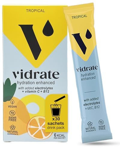 Vidrate Electrolytes Powder - Hydration Sachets Packed with Vitamins - Zero Sugar Rehydration Sachet with No Artificial Sweeteners & Preservatives - Tropical Large Pack, 30 Electrolytes Sachets