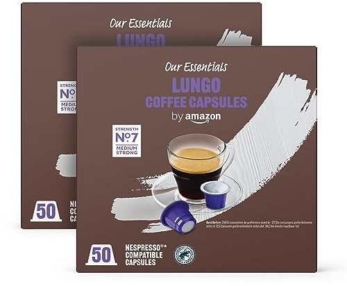 by Amazon Capsules de Café en Plastique Lungo Compatibles Nespresso, Torréfaction Moyenne, 100 Unités (2 Paquets de 50) – Certifiées Rainforest Alliance