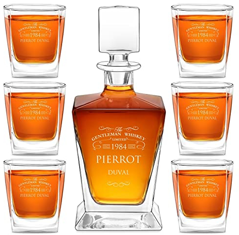 Maverton Carafe et Verres personnalisés - 800ml Bouteille avec 6 Verres à Whisky de 250ml - Accessoires bar pour hommes - Service à Whisky pour papa - pour anniversaire - whiskey