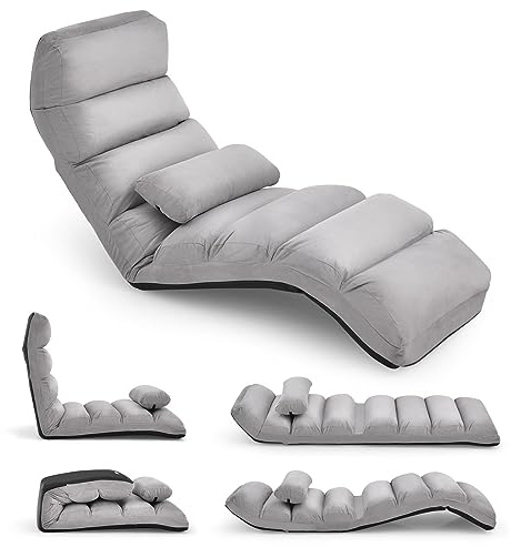 COSTWAY Fauteuil Relax Salon en Faux Daim Pliable, Réglable sur 5 Positions Chaise de Relaxation Rembourrée Fauteuil Sol pour Salon, Mobilier de Bureau, Chambre (Gris)