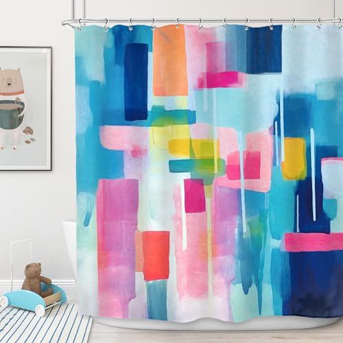 Imirell Blue and Pink Abstract Shower Curtain 60Wx72H Inches Watercolor Modern Contemporary Colorful Blocks Oil Print Aesthetic Minimalist Fabric Waterproof Polyester with 12 Pack Hooks Plastic