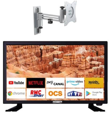 Antarion Pack TV LED 19 48cm Televisor HD Android 11.0 + Soporte TV Camping Car 180° Carga Max 15kg