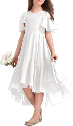 Haloumoning Vestido de verano para niña, cuello en V, con volantes, informal, vestido de una línea, vestido de fiesta alto, bajo, largo, elegante, largo