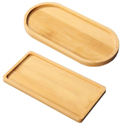 2 Pcs Bamboo Tray Oval Wooden Trays Small Solid Bamboo Tea Serving Tray Bamboo Plant Saucer Flower Plant Succulent Tray for Coaster, Tea, Coffee, Cake, Snack (Two Shapes)