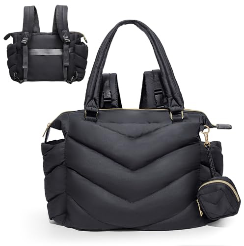 MISS FONG Baby Changing Bag Tote,Nappy Changing Bag Backpack with Pacifier Case, Puffer Mommy Maternity Backpack for Hospital,Tote Baby Bag with 10 Pockets,Convertible Diaper Bag for Travel, Black