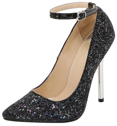 Minetom Femme Élégant Escarpins Similicuir Bout Pointu Pumps Chaussures à Bride Cheville Talon Aiguille Haute Chaussure de Soirée Mariage Bureau B Noir 44 EU