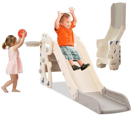 Siairo Kinder Rutsche, Faltbar Kinderrutsche mit Basketballkorb und Armlehnen, Gartenrutsche Kleinkinderrutsche, Indoor & Outdoor Kleinkinderrutsche, Geburtstagsgeschenk Grau