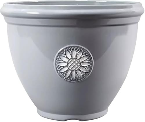 Fyne-Finds Round Plant Pot 30cm,12inch Sunflower Design 11L Garden Indoor Outdoor Planter Cover Drainage Holes Weather Resistant Frost Proof Glossy Finish (1, Grey)