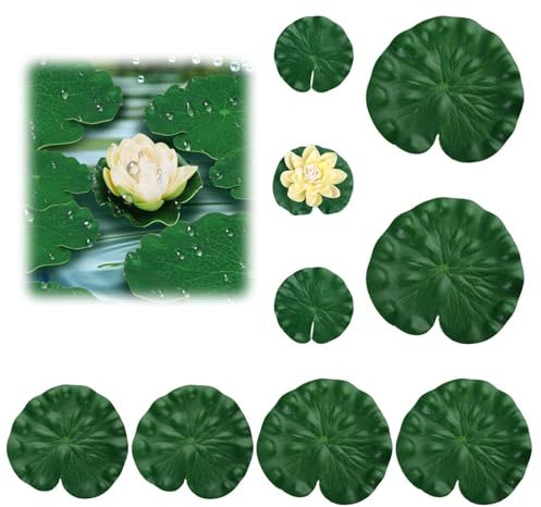 Nénuphars Artificiels pour Bassin Extérieur, 8 Feuilles de Lotus + 1 Fleur en Mousse EVA, Plantes Flottantes Décoratives pour Mini Bassin Aquarium Fontaine Jardin Étang, Réutilisables Étanches Réalist
