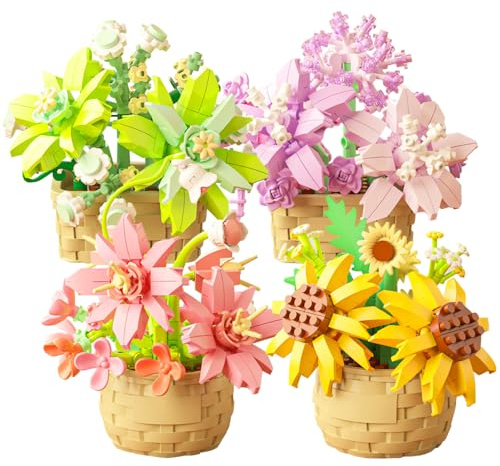 XEERUN Lot de 4 mini blocs de construction pour plantes succulentes - Blocs de fleurs - Jouet - Collection botanique - Décoration de chambre - Cadeau pour homme et femme