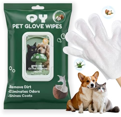 10 Pack Extra Thick Pet Grooming Mitts Rinse-Free Dog Shampoo Gloves for Body Face & Paw Alcohol-Free Hypoallergenic Waterless Wash Wipes with Aloe & Coconut, Heavy Duty No-Rinse for Cats & Dogs