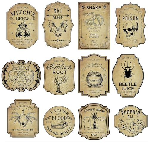 Qaixwuyi 36 Stück Halloween Weinflaschen Etiketten Weinetikett 12 Stile Brauner Etikettenaufkleber Weinflaschen Champagner Etikettenaufkleber Halloween Aufkleber