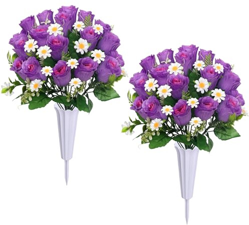 Lodou Artificial Cemetery Flowers, Memorial Grave Decorations Roses – 2 Bouquets & 2 Vases Set Non-Fade, Perfect for Christmas, Valentine’s Day, Memorial Day (Purple)