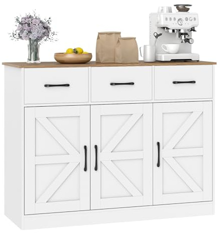 COSTWAY Sideboard, Küchenschrank mit 3 Schubladen, 3 Türen, Arbeitsplatte & verstellbaren Regalen, Buffetschrank Küchenbuffet, Aufbewahrungsschrank für Küche, Esszimmer & Wohnzimmer, Holz (Weiß)