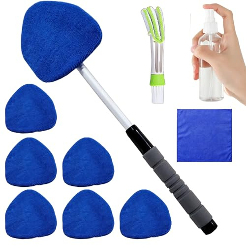 MQWDGJ Limpiador de parabrisas de coche, juego de 6 almohadillas de microfibra y pulverizador, limpiador interior de parabrisas con mango extensible, giratorio 180 grados (azul)