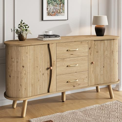 DACHETOU Aparador con forma de guisante con aspecto de ranuras, 150 x 36,5 x 75 cm, dos puertas correderas + tres cajones, compartimentos ajustables en altura, patas de madera maciza, aspecto de