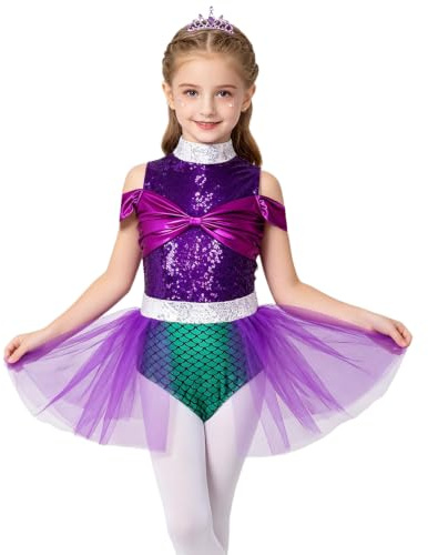 YOOJIA Fille Unitard Jupe Sirène pour Enfants Vêtements Ballet Scintillants Déguisement Cosplay pour Filles Entraînement De Danse Vert 9-10 Ans