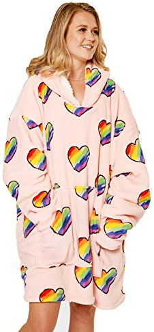 Dreamscene Rainbow Oversized Hoodie Blanket Sweatshirt Soft Sherpa Heart Fleece Throw Cosy Wearable Hooded Blanket Big Jumper - Soft Blush Pink One Size Fits All Gift for Her