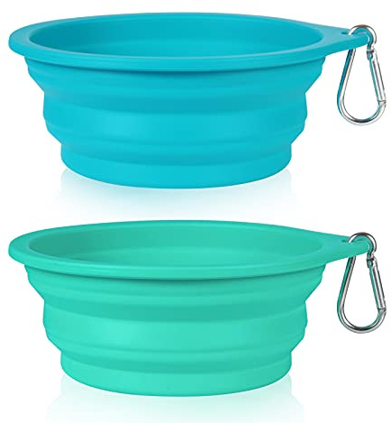 SLSON Ciotole per Cani da 2 Pezzi Ciotola da Viaggio Integrata Pieghevole Senza Bordo in Plastica Ciotola Portatile per Escursioni in Campeggio per Cani Gatti 600ML (Azzurro+Verde Chiaro)