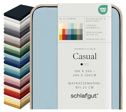 schlafgut Casual Spannbettlaken 100% Bio Baumwolle Made in Green by Oeko TEX (180x200cm bis 200x200cm Matratzenhöhe bis 25cm, Blue Light)