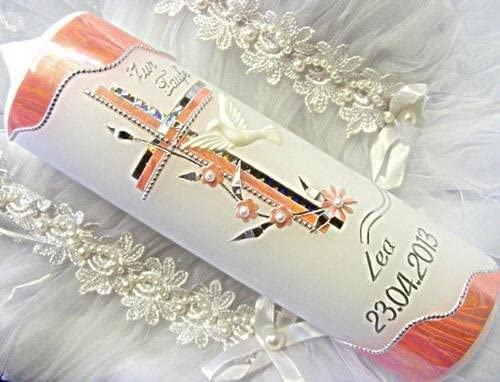 Cierge de baptême, de communion VT-12, pour jeune fille - 250/70 mm - Avec accessoire pour personnalisation