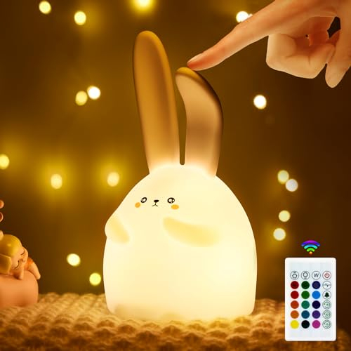 Wonkelly Nachtlicht Kinder Hase, 16 Farben Dimmbar Nachttischlampe Touch mit Fernbedienung, 1200mAh USB-C Aufladung Timing Baby Stilllicht Geschenke für Mädchen Kinderzimmer Deko