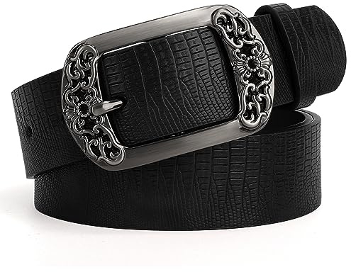 SUOSDEY Ceinture en cuir classique pour femme - Noir - Motif floral - Boucle - Pour robe en jean, B noir (serpent), 100cm Passform Taille: 73cm-83cm