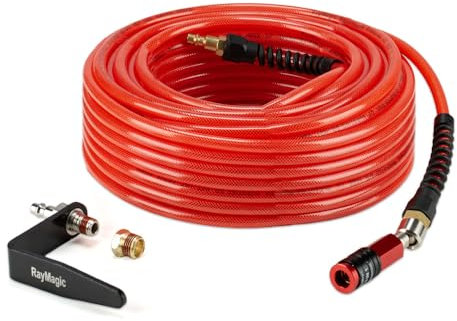 RayMagic Luftkompressorschlauch, 0,6 cm x 30,4 m, flexibler, verstärkter PU-Luftschlauch, 300 PSI mit 5-in-1 Universal-Drehkupplung und Stecker, Zugentlastungen, 1 Haken für Nagler (rot)