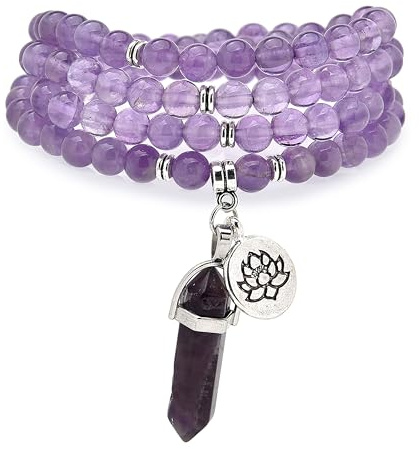 Armband halsband med 108 naturliga mala-bönpärlor, lotushängen och sexkantiga prismahängen av Reiki-kvarts, Eine Grösse, Sten, Ingen ädelsten