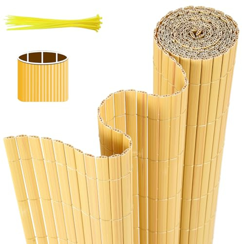 Jaxguom PVC Sichtschutzmatte, 120 x 600cm Sichtschutzzaun mit DREI Rippenverstärkungen und Kabelbindern, Windschutz Balkon Sichtschutz Wetterfest, für Zaun Garten Terrasse, Bambus
