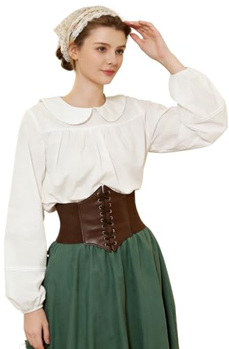 BEAUTELICATE Chemisier Victorien De Femme en Pur Coton Col Peter Pan Manche Lanterne Longue Blouse Top Rétro Renaissance Médiévale Rétro Costume De Paysan Blanc Cassé