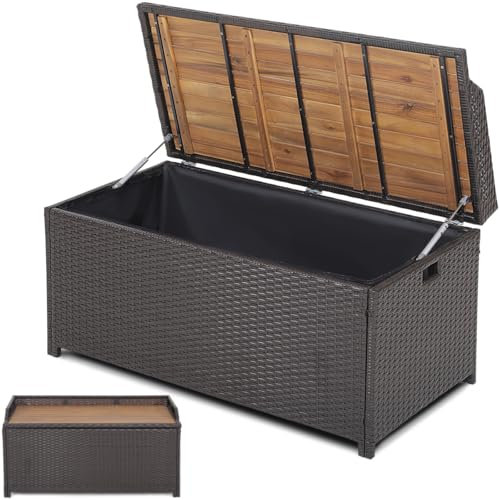 GiantexUK 170L Garden Storage Box, Waterproof PE Rattan Outdoor Storage Bench with Acacia Wood Sit-on Lid, Zippered Liner & Gas Struts, Utility Chest Container for Patio Poolside Cushions Tools Toys